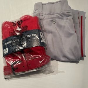 Brand new Men’s gray medium baseball pants Nike red belt and 4 pairs red socks